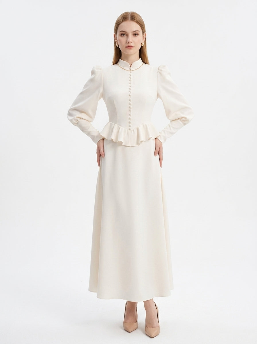 LadyLuxury | Vintage Victorian Peplum Maxi Dress with Ruffled High Neck