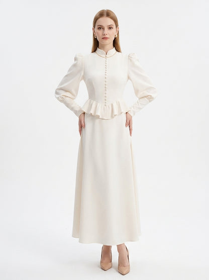 LadyLuxury | Vintage Victorian Peplum Maxi Dress with Ruffled High Neck