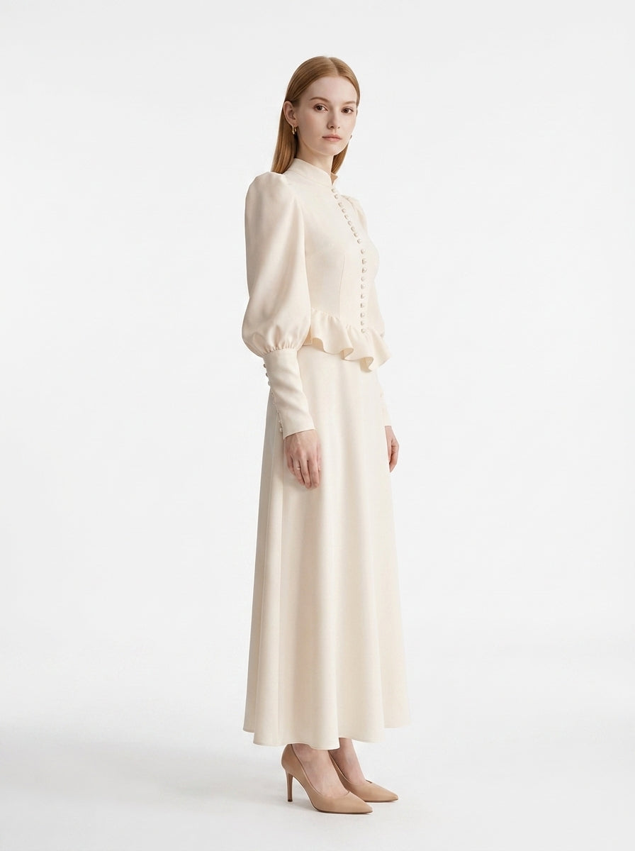 LadyLuxury | Vintage Victorian Peplum Maxi Dress with Ruffled High Neck