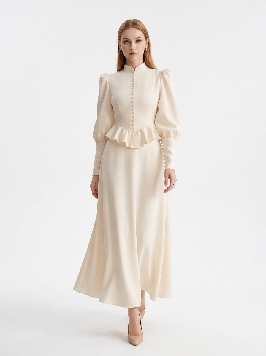 LadyLuxury | Vintage Victorian Peplum Maxi Dress with Ruffled High Neck