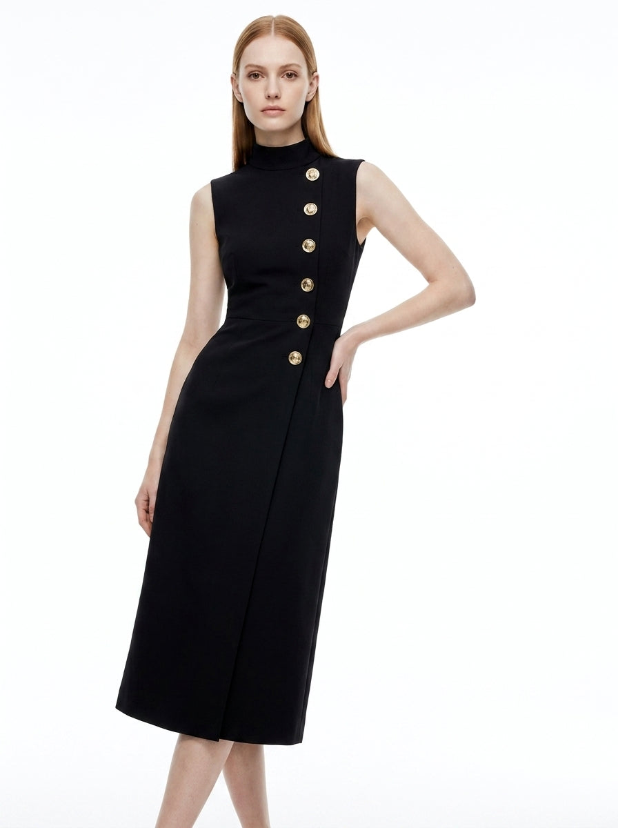 LadyLuxury | Asymmetrical High Neck Midi Dress with Gold Buttons