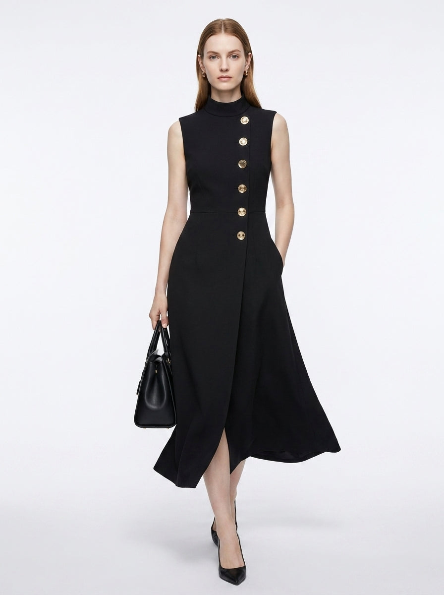 LadyLuxury | Asymmetrical High Neck Midi Dress with Gold Buttons