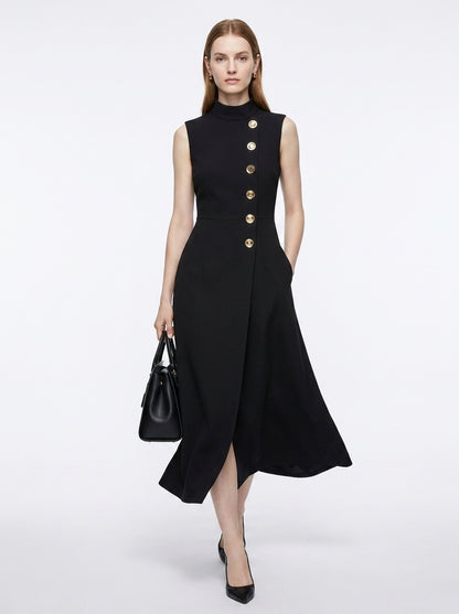 LadyLuxury | Asymmetrical High Neck Midi Dress with Gold Buttons