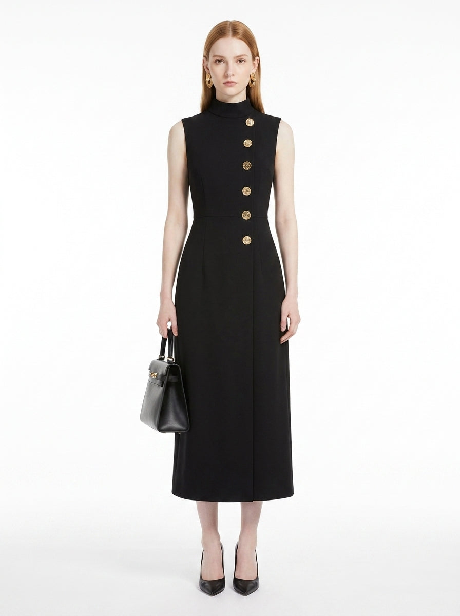 LadyLuxury | Asymmetrical High Neck Midi Dress with Gold Buttons