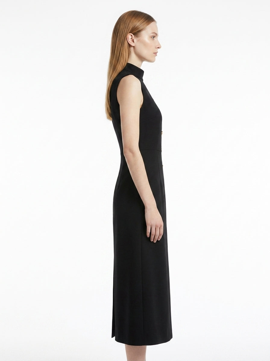 LadyLuxury | Asymmetrical High Neck Midi Dress with Gold Buttons