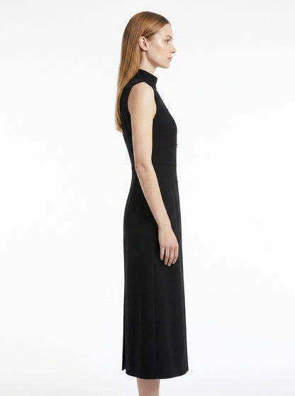 LadyLuxury | Asymmetrical High Neck Midi Dress with Gold Buttons