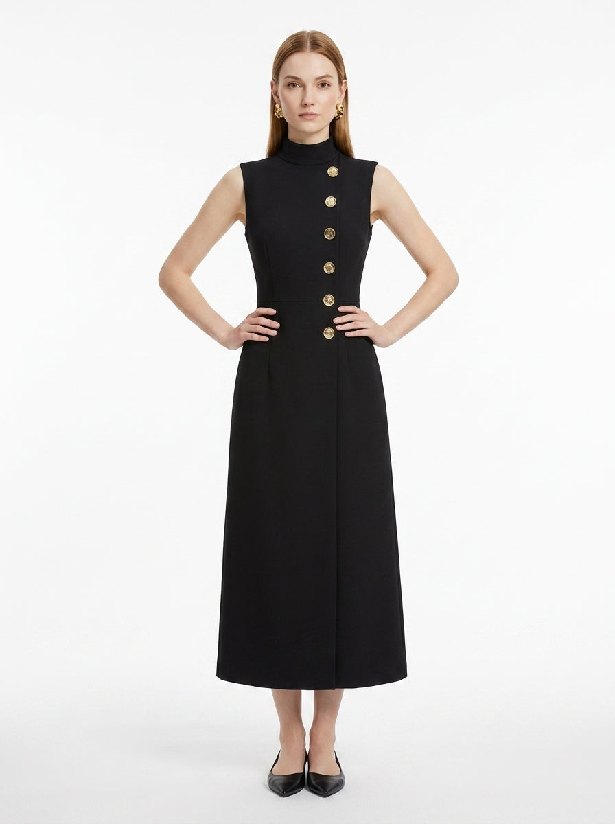 LadyLuxury | Asymmetrical High Neck Midi Dress with Gold Buttons