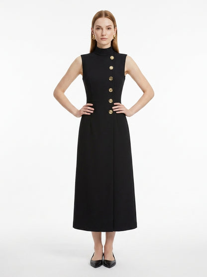 LadyLuxury | Asymmetrical High Neck Midi Dress with Gold Buttons