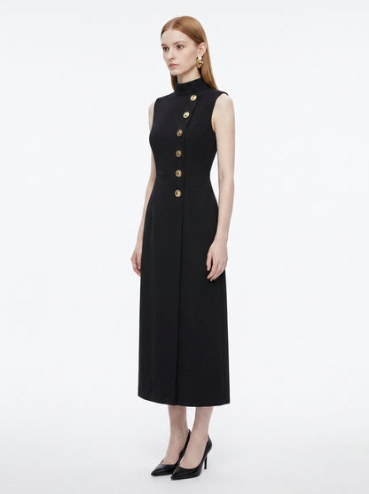 LadyLuxury | Asymmetrical High Neck Midi Dress with Gold Buttons