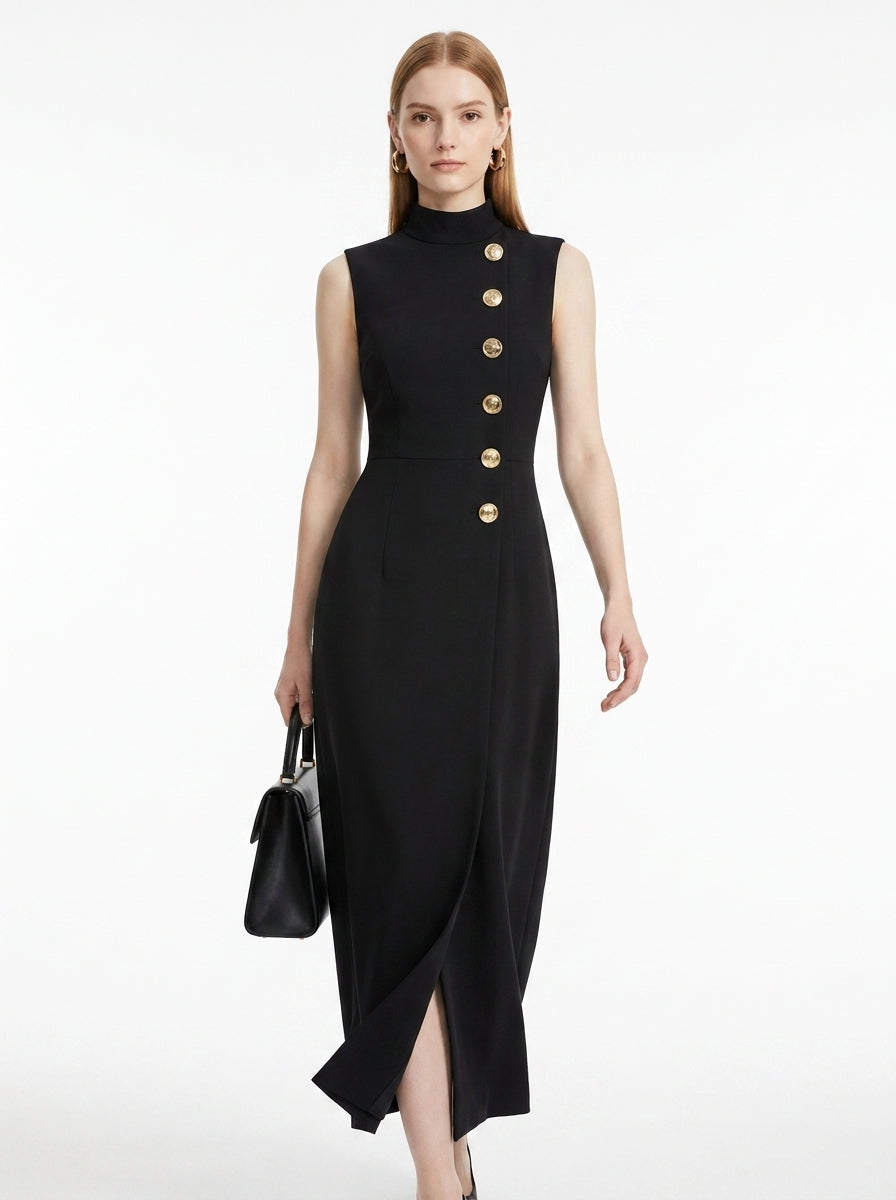 LadyLuxury | Asymmetrical High Neck Midi Dress with Gold Buttons