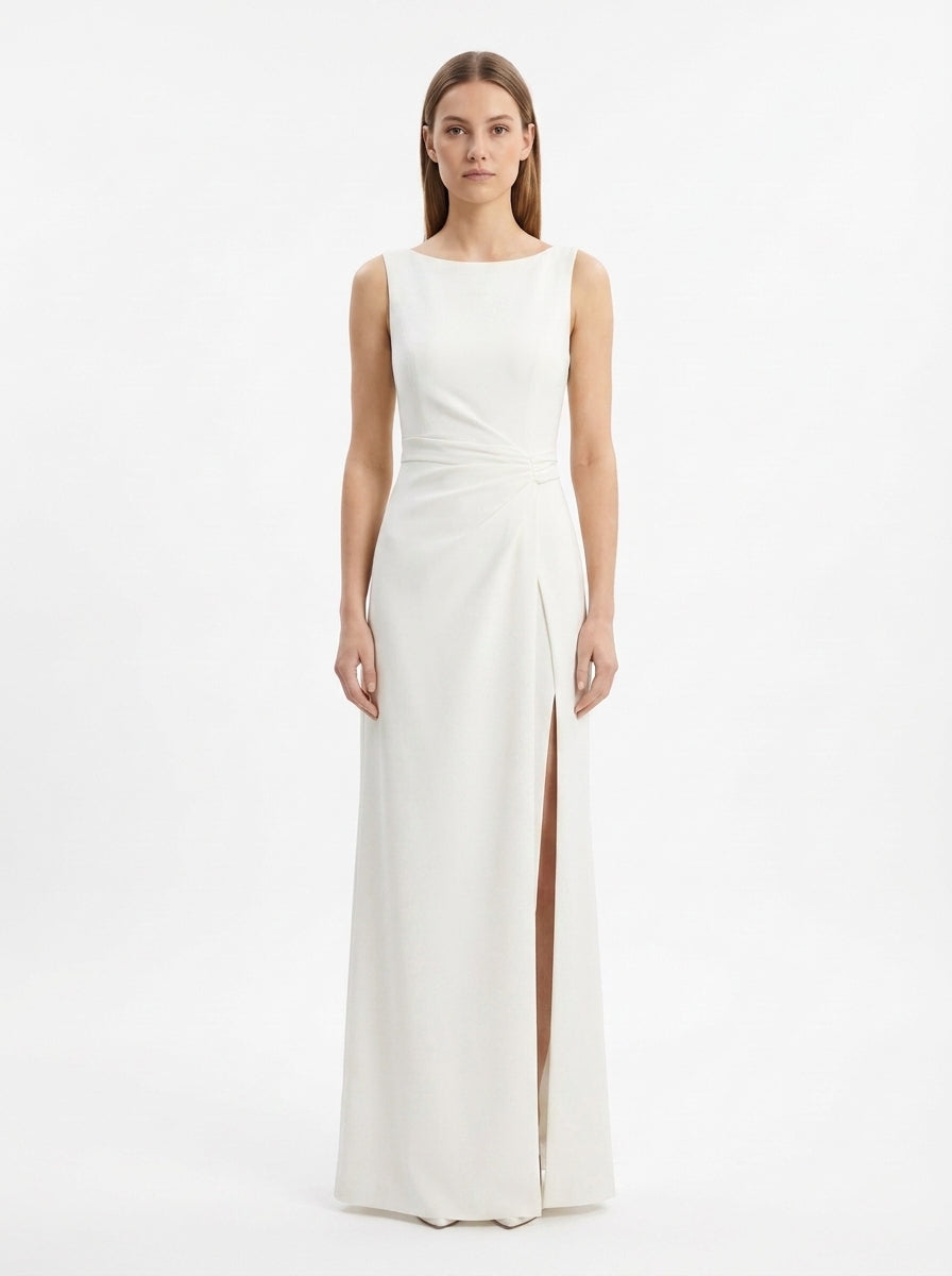 LadyLuxury | Minimalist Architectural White Maxi Dress - Elegant High Neck Sleeveless Evening Gown