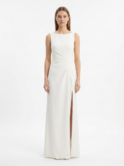 LadyLuxury | Minimalist Architectural White Maxi Dress - Elegant High Neck Sleeveless Evening Gown
