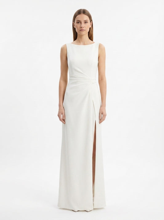 LadyLuxury | Minimalist Architectural White Maxi Dress - Elegant High Neck Sleeveless Evening Gown