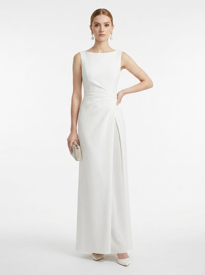 LadyLuxury | Minimalist Architectural White Maxi Dress - Elegant High Neck Sleeveless Evening Gown