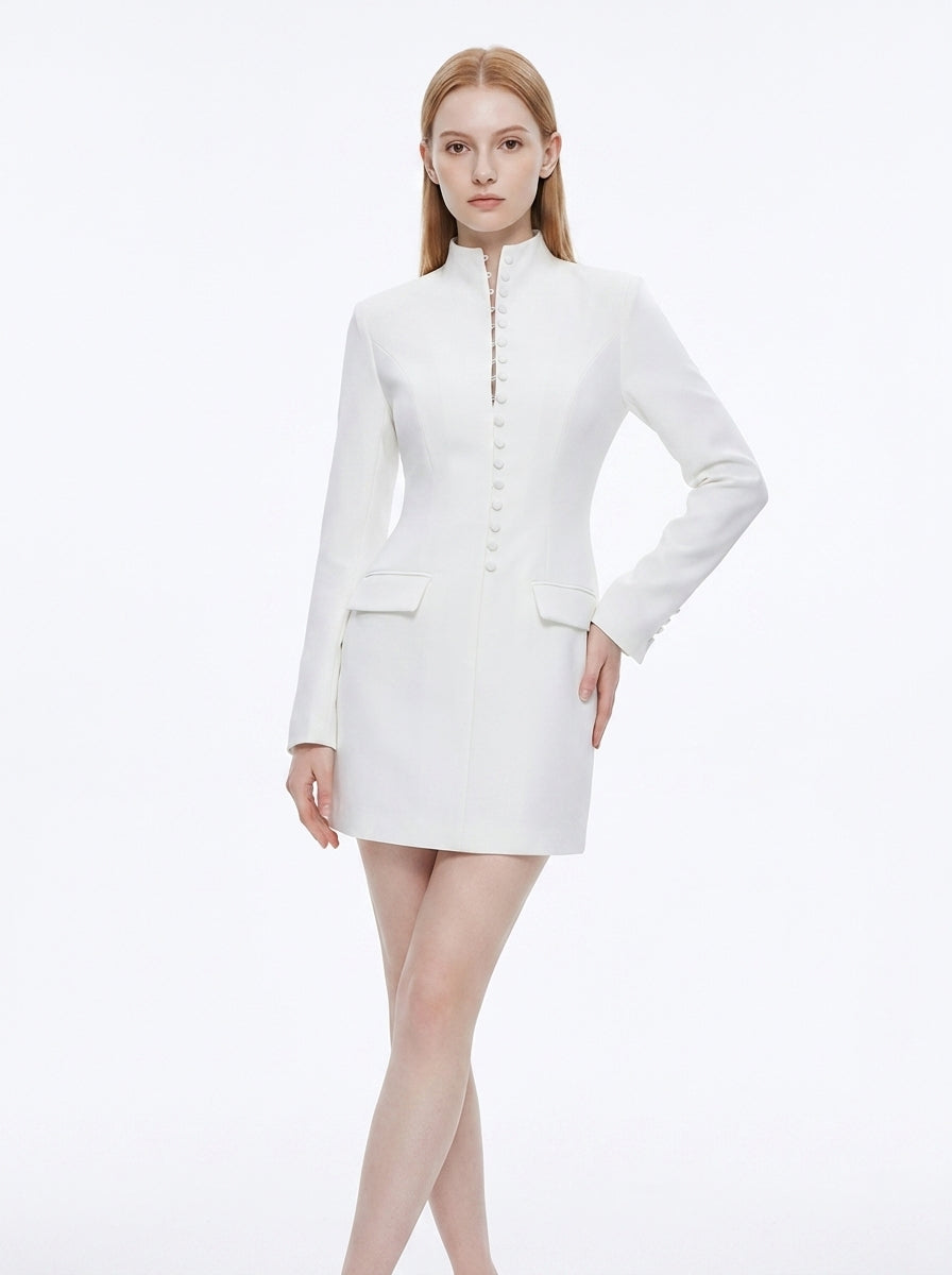 LadyLuxury | Modern Minimalist Blazer Dress - Structured Hourglass Suit Dress with Mandarin Collar