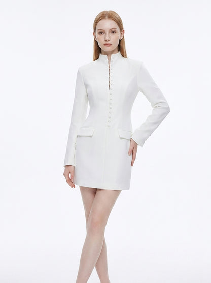 LadyLuxury | Modern Minimalist Blazer Dress - Structured Hourglass Suit Dress with Mandarin Collar