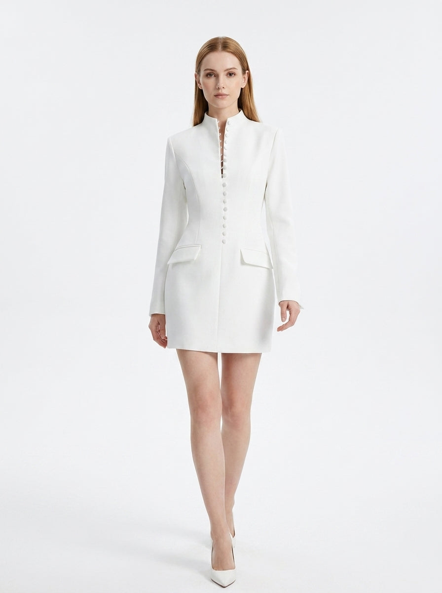 LadyLuxury | Modern Minimalist Blazer Dress - Structured Hourglass Suit Dress with Mandarin Collar