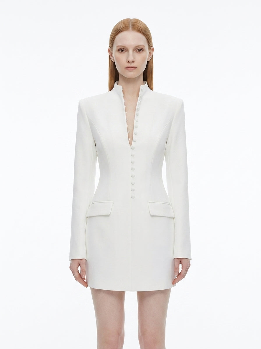 LadyLuxury | Modern Minimalist Blazer Dress - Structured Hourglass Suit Dress with Mandarin Collar