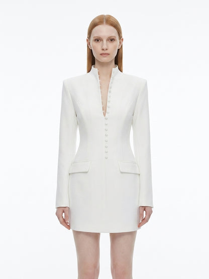 LadyLuxury | Modern Minimalist Blazer Dress - Structured Hourglass Suit Dress with Mandarin Collar