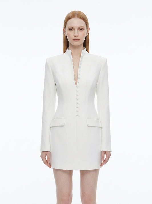 LadyLuxury | Modern Minimalist Blazer Dress - Structured Hourglass Suit Dress with Mandarin Collar