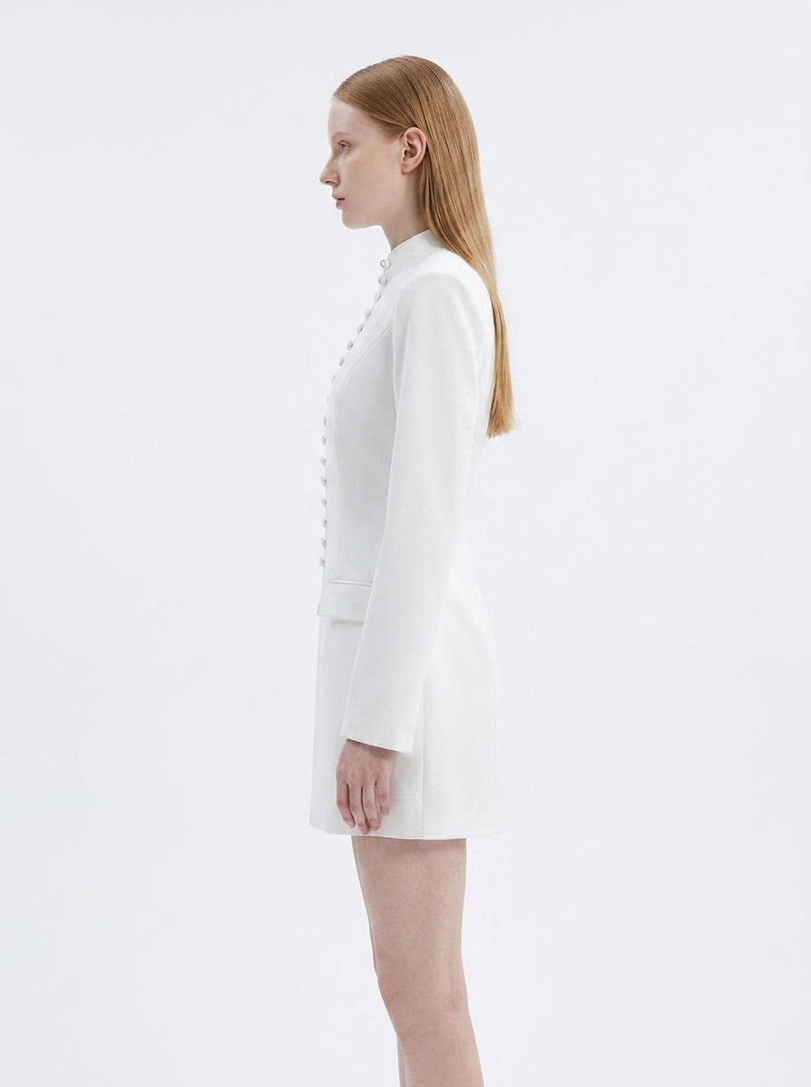 LadyLuxury | Modern Minimalist Blazer Dress - Structured Hourglass Suit Dress with Mandarin Collar
