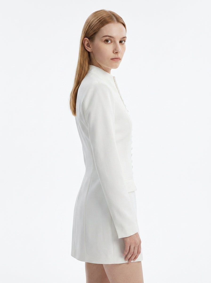 LadyLuxury | Modern Minimalist Blazer Dress - Structured Hourglass Suit Dress with Mandarin Collar