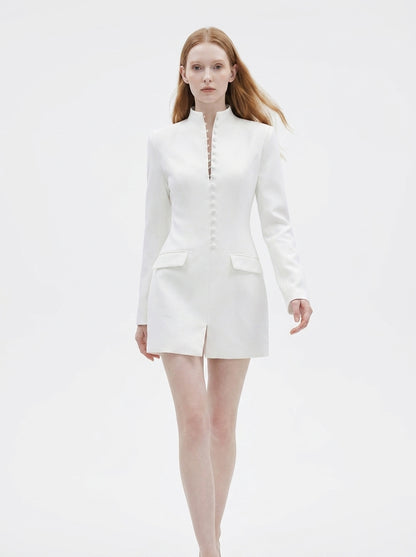 LadyLuxury | Modern Minimalist Blazer Dress - Structured Hourglass Suit Dress with Mandarin Collar