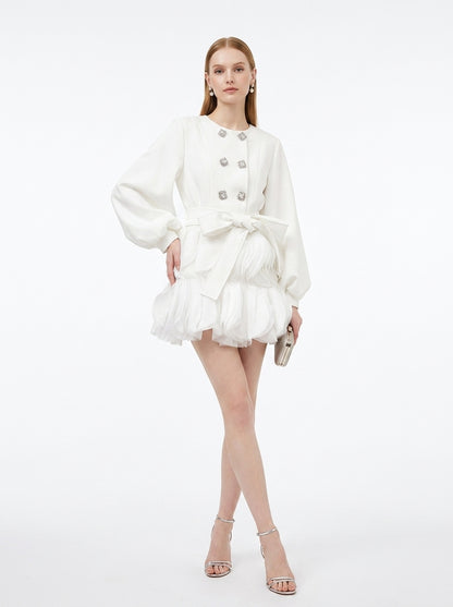 LadyLuxury | Sculptural Avant-Garde Ruffle Mini Dress with Crystal Buttons
