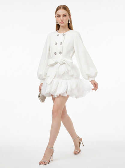LadyLuxury | Sculptural Avant-Garde Ruffle Mini Dress with Crystal Buttons