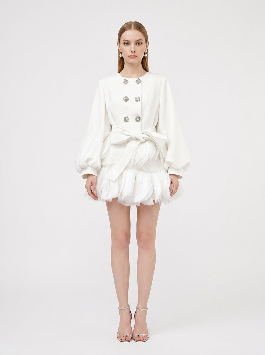 LadyLuxury | Sculptural Avant-Garde Ruffle Mini Dress with Crystal Buttons