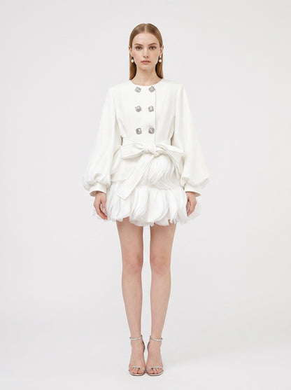 LadyLuxury | Sculptural Avant-Garde Ruffle Mini Dress with Crystal Buttons