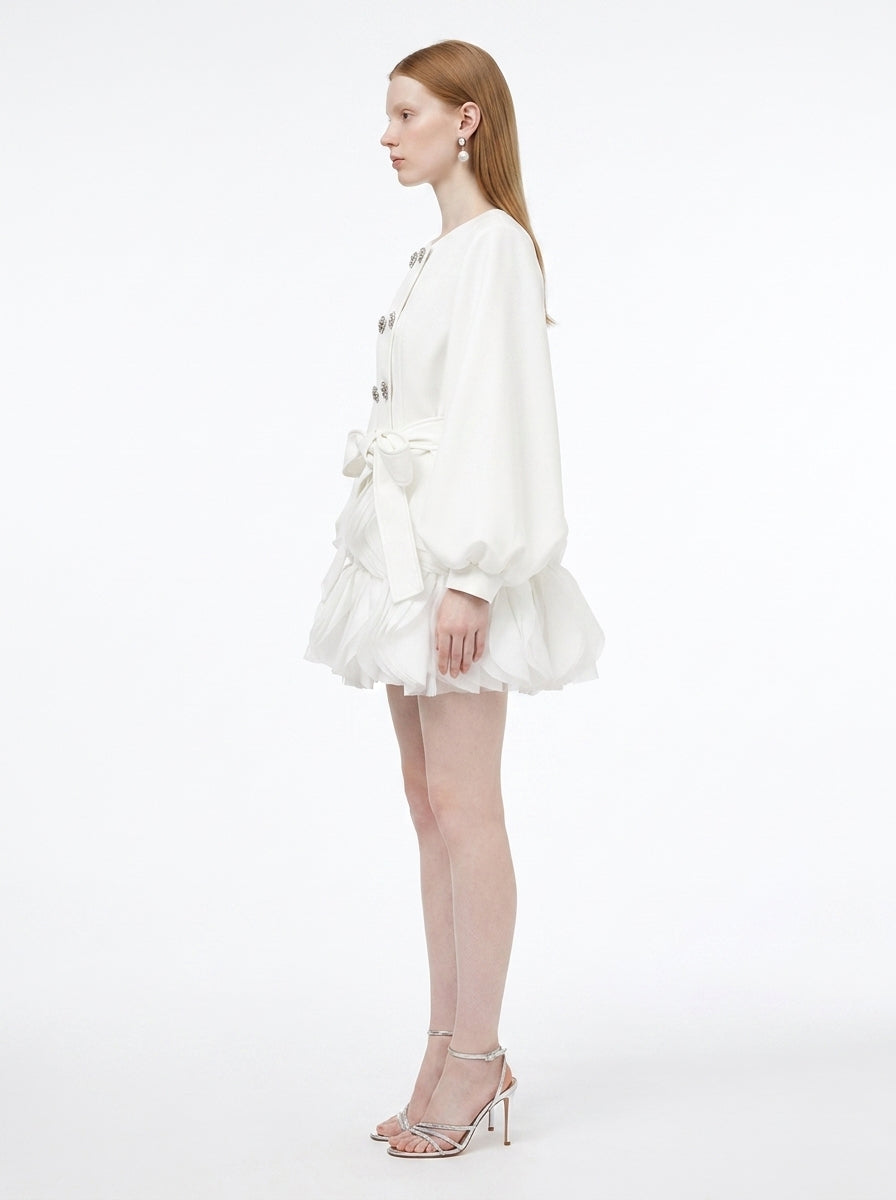LadyLuxury | Sculptural Avant-Garde Ruffle Mini Dress with Crystal Buttons