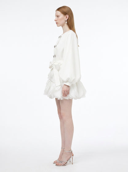 LadyLuxury | Sculptural Avant-Garde Ruffle Mini Dress with Crystal Buttons
