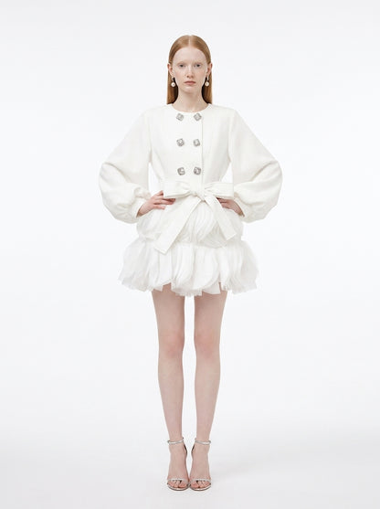 LadyLuxury | Sculptural Avant-Garde Ruffle Mini Dress with Crystal Buttons