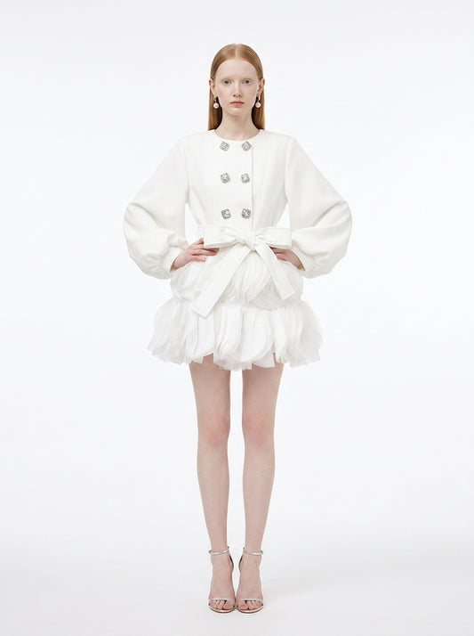 LadyLuxury | Sculptural Avant-Garde Ruffle Mini Dress with Crystal Buttons