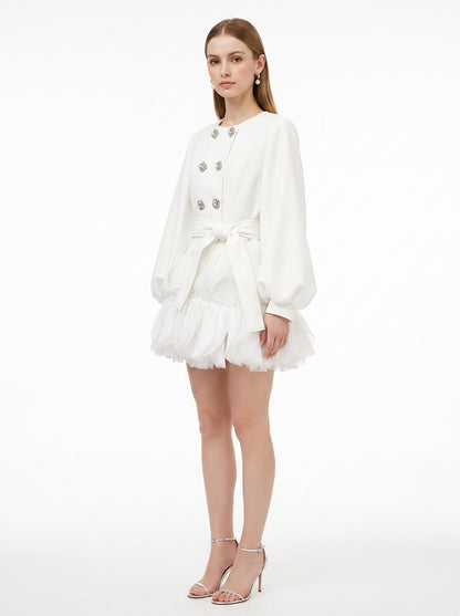LadyLuxury | Sculptural Avant-Garde Ruffle Mini Dress with Crystal Buttons