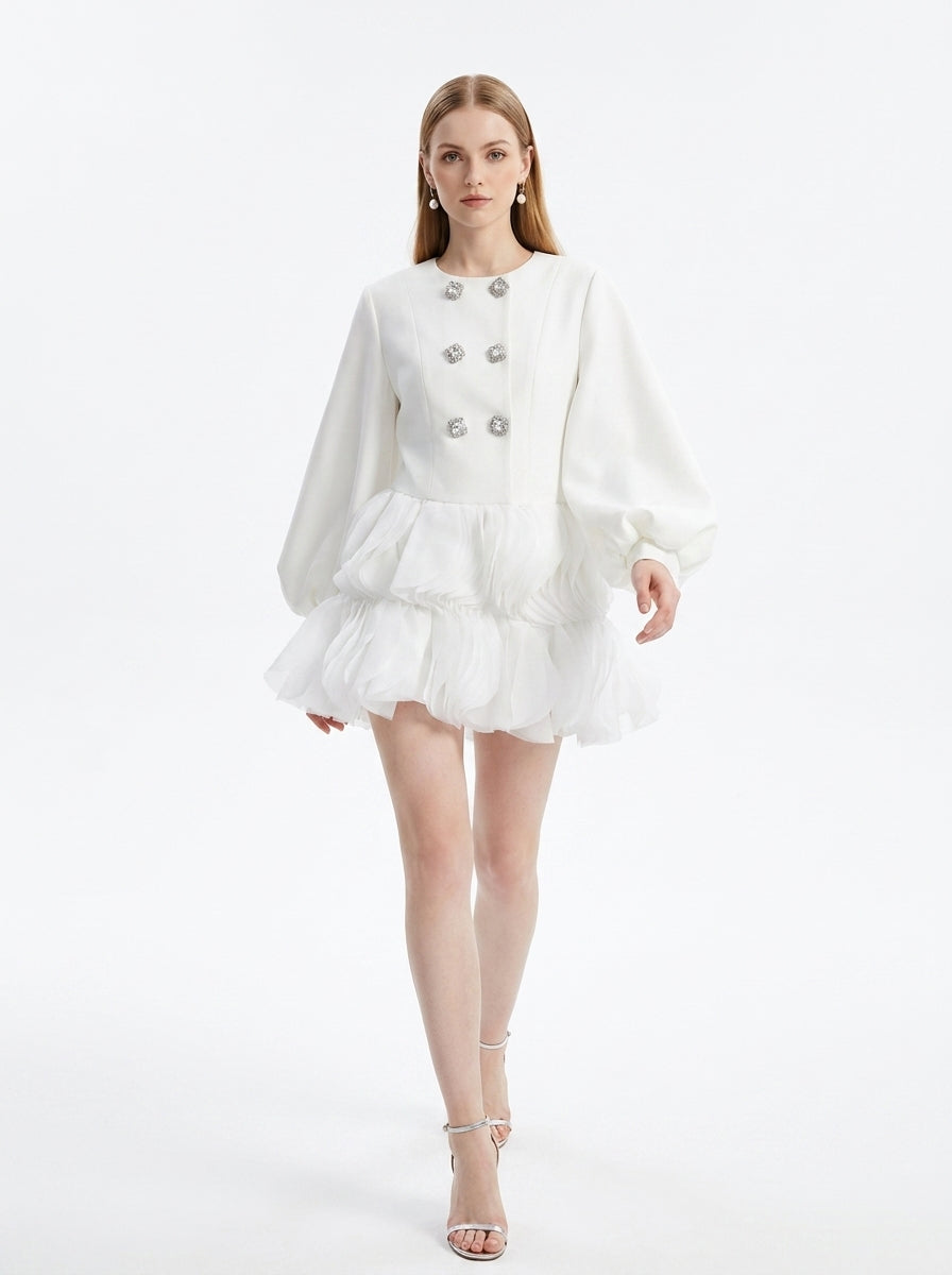 LadyLuxury | Sculptural Avant-Garde Ruffle Mini Dress with Crystal Buttons
