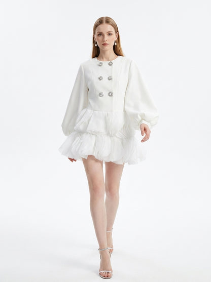 LadyLuxury | Sculptural Avant-Garde Ruffle Mini Dress with Crystal Buttons