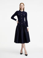 LadyLuxury | Navy Ribbed Knit Midi Dress - Old Money Gold Button Flare Dress