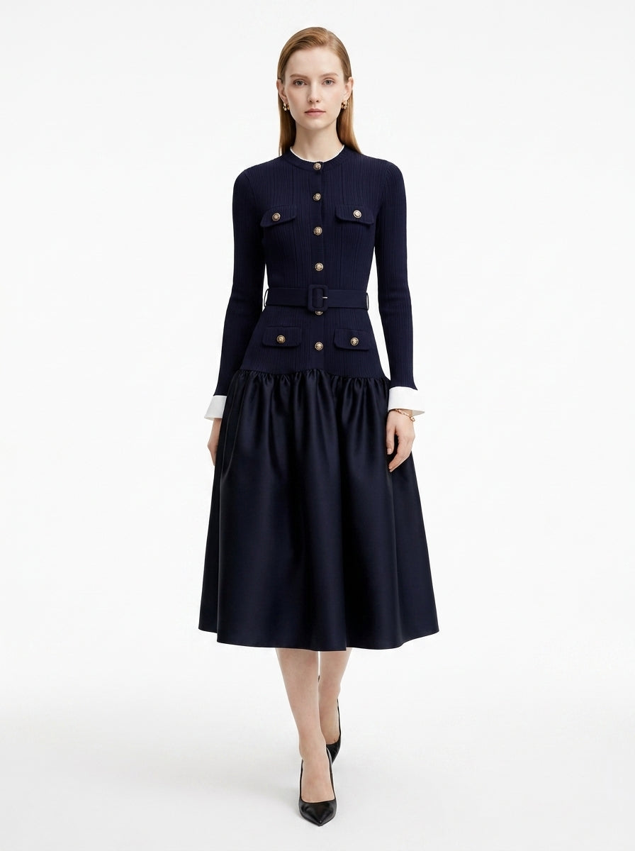 LadyLuxury | Navy Ribbed Knit Midi Dress - Old Money Gold Button Flare Dress