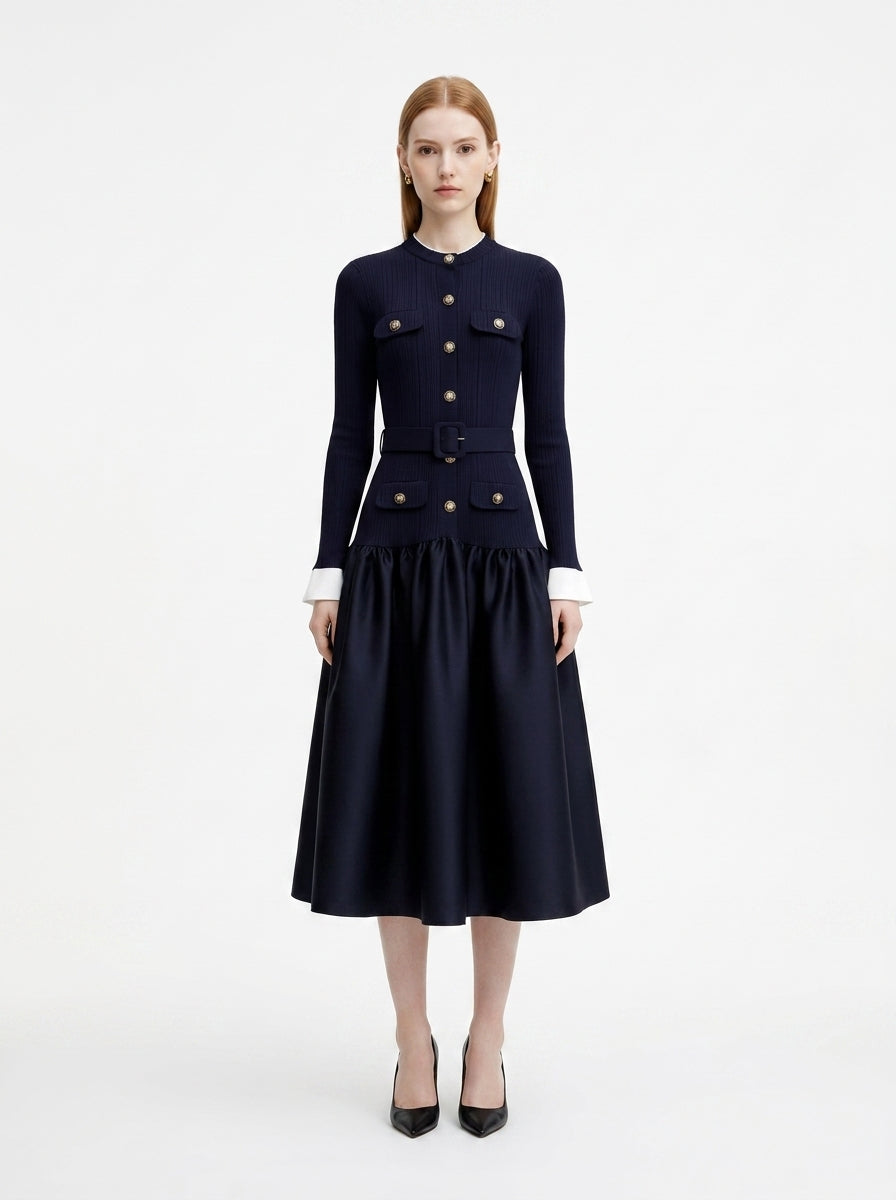 LadyLuxury | Navy Ribbed Knit Midi Dress - Old Money Gold Button Flare Dress