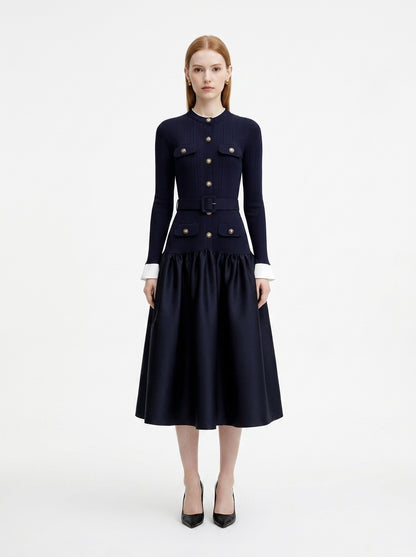 LadyLuxury | Navy Ribbed Knit Midi Dress - Old Money Gold Button Flare Dress