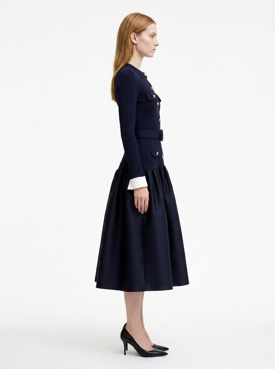 LadyLuxury | Navy Ribbed Knit Midi Dress - Old Money Gold Button Flare Dress