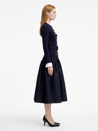 LadyLuxury | Navy Ribbed Knit Midi Dress - Old Money Gold Button Flare Dress