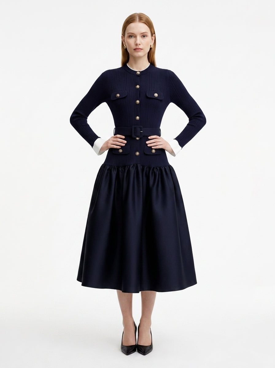 LadyLuxury | Navy Ribbed Knit Midi Dress - Old Money Gold Button Flare Dress