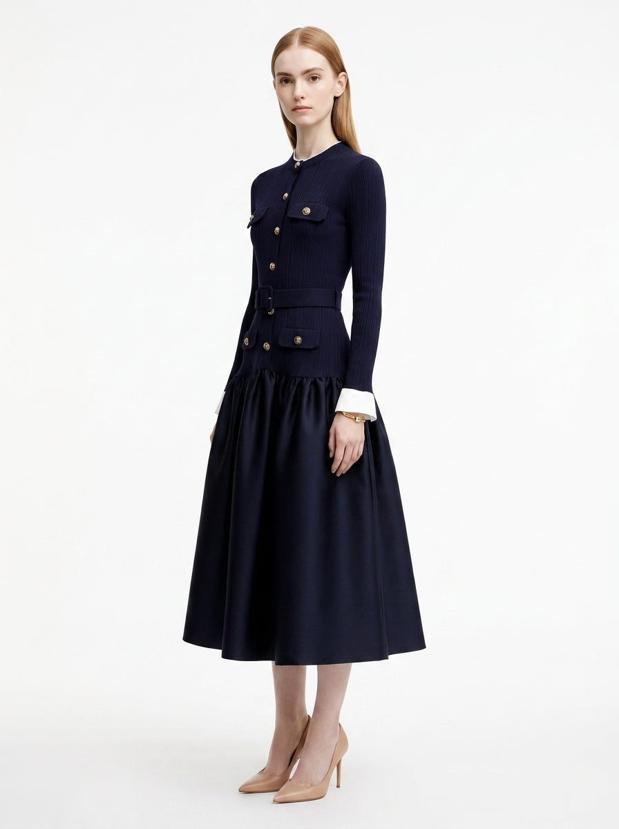 LadyLuxury | Navy Ribbed Knit Midi Dress - Old Money Gold Button Flare Dress