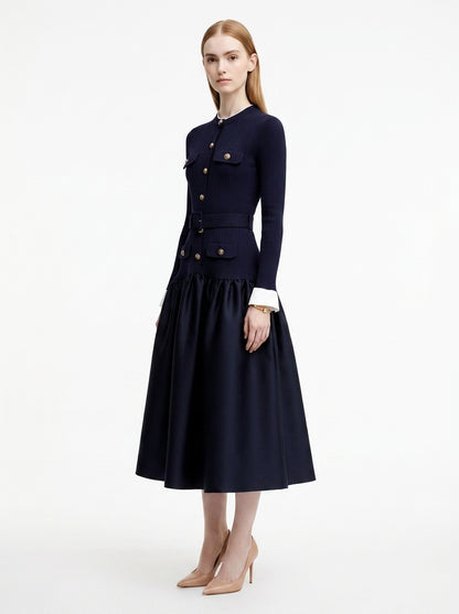 LadyLuxury | Navy Ribbed Knit Midi Dress - Old Money Gold Button Flare Dress