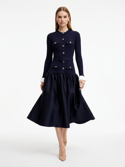 LadyLuxury | Navy Ribbed Knit Midi Dress - Old Money Gold Button Flare Dress