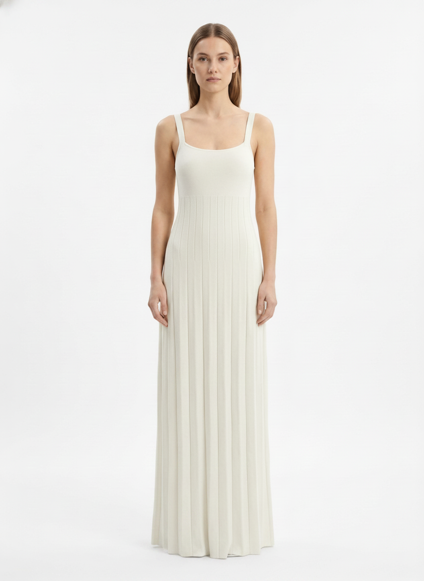 LadyLuxury | Knitted Square Neck Pleated Maxi Dress - Minimalist Summer Vacation Style