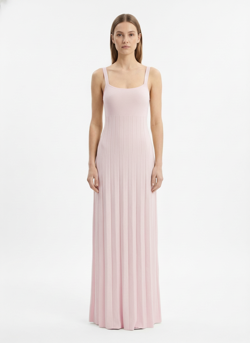LadyLuxury | Knitted Square Neck Pleated Maxi Dress - Minimalist Summer Vacation Style